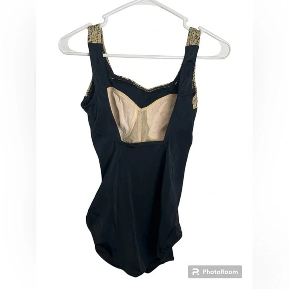 Vintage Roxane Black One Piece Swimsuit with gold accent size 12 - Picture 4 of 5